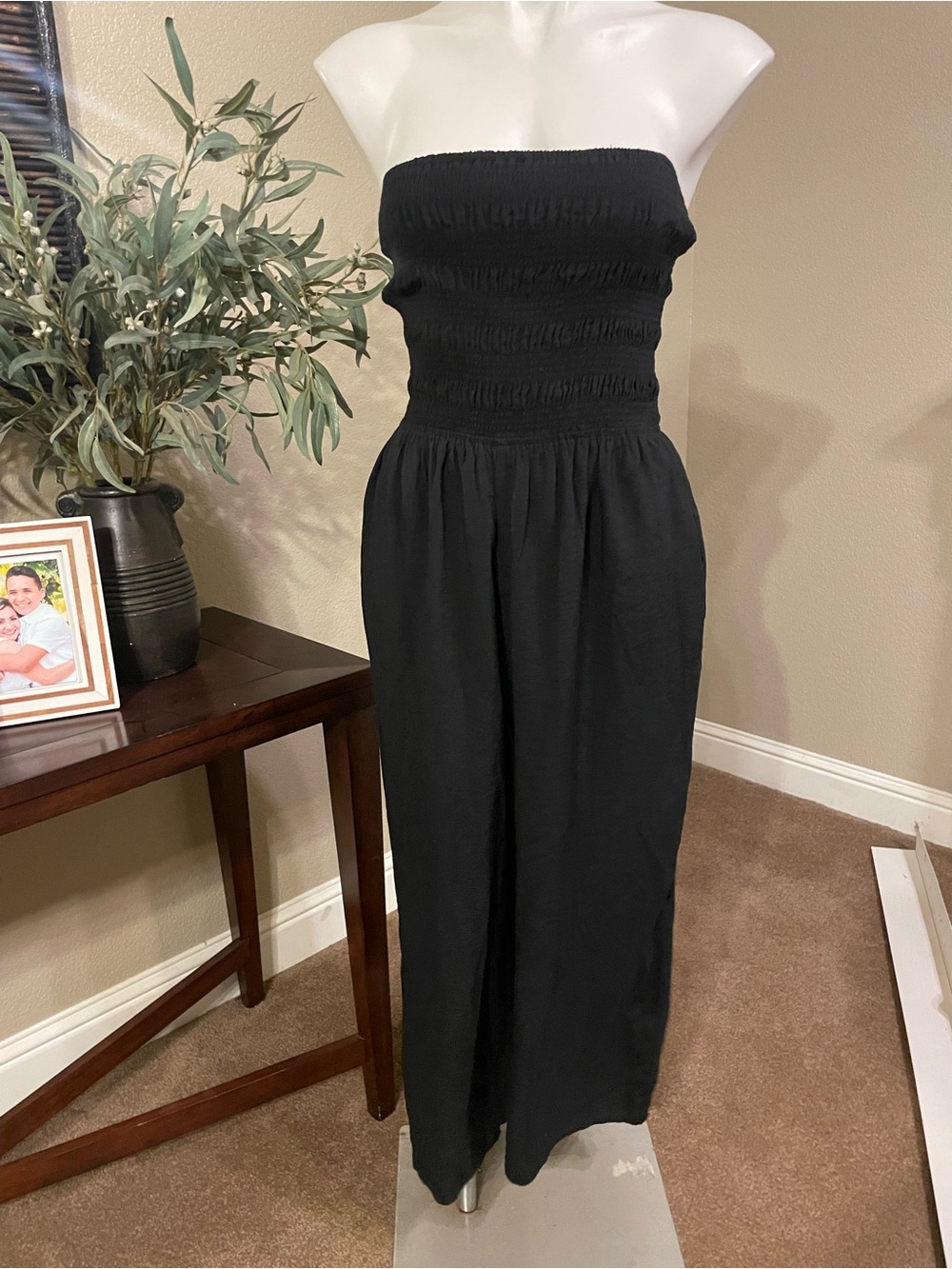 Gilli Strapless Black Smocked Wide-Leg Jumpsuit